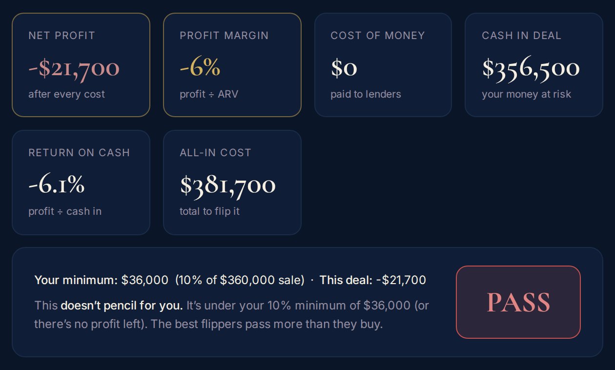 Fix and flip calculator showing a PASS verdict on example numbers